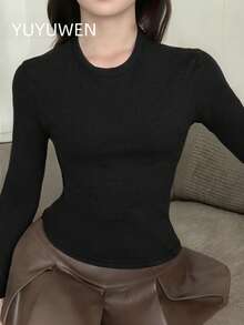 简约纯色长袖修身黑色高领毛衣，腰部细节设计，优雅风格适合春秋季节日常工作/下午茶。 - 黑色 - 查看 1
