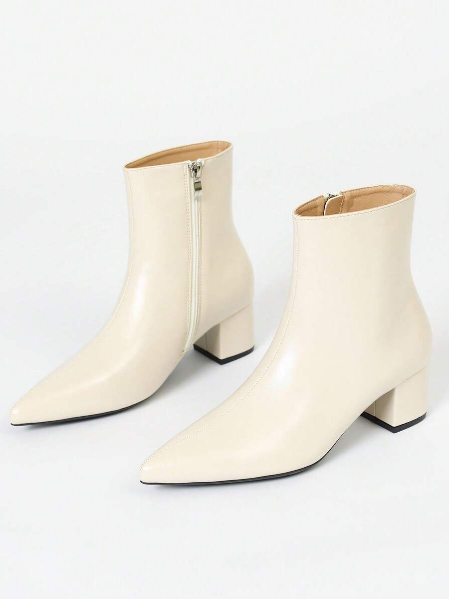 Botas Femininas de Cano Médio Bico Fino, Salto Grosso, Versátil, Primavera/Outono