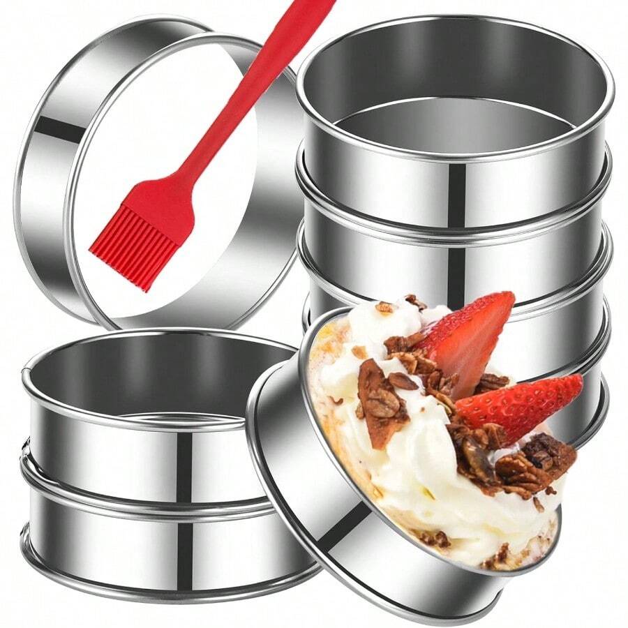 Paquete de 8 anillos ingleses para muffins de 4 pulgadas anillos de acero inoxidable de doble enrollado moldes redondos de metal para hornear - 4 pulgadas, 8 piezas - Ver 1