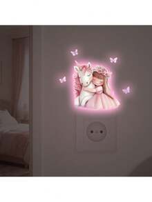 BRUP 1张夜光开关贴纸，儿童房墙贴，独角兽和女孩梦幻夜灯贴纸，自粘可移除婴儿房墙贴，粉色蝴蝶装饰，适合粉色女孩房，生日礼物创意，万圣节圣诞节礼物 - 粉色 - 查看 1