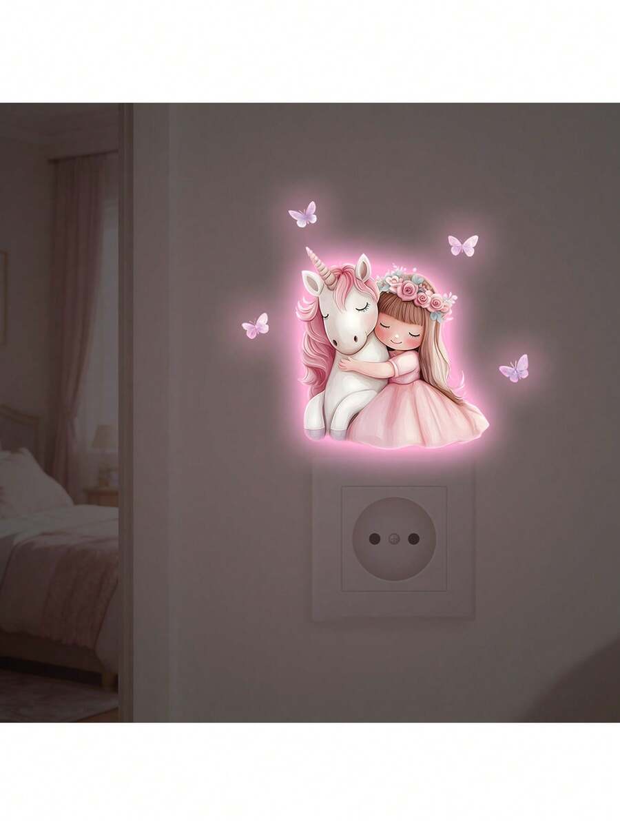 BRUP 1张夜光开关贴纸，儿童房墙贴，独角兽和女孩梦幻夜灯贴纸，自粘可移除婴儿房墙贴，粉色蝴蝶装饰，适合粉色女孩房，生日礼物创意，万圣节圣诞节礼物 - 粉色 - 查看 1