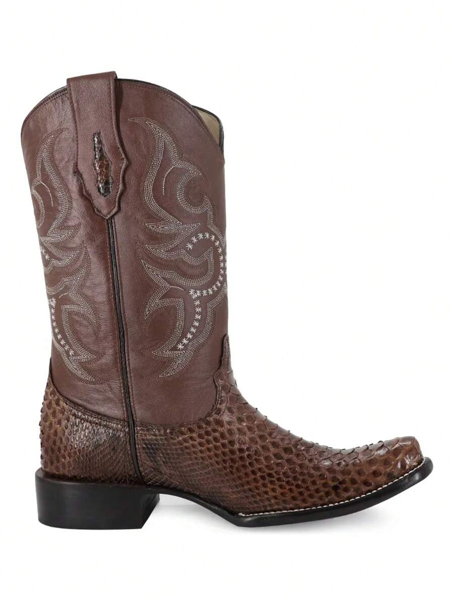 Bota Vaquera Para Caballero Autentico Piton en Cuero Genuino Alta Costura Diseño Cómodo Plantilla Acolchada Suela Antideslizante Resistente Ideal Para Montar y Uso Diario Moda Masculina - Marrón Mocha - Ver 1