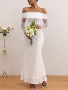 Love Aing White Off-Shoulder Mesh Sleeve Backless Sequin Maxi Dress For Wedding Party - White - View 5