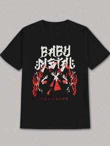 New Men'S Casual Summer Graphic T-Shirt - "BABYMETAL" Band Design With Flames & Sunburst, Black Pure Cotton Round Neck Tee, Lightweight & Breathable For Casual Attire, Rock Band T Shirts - 黑色 - 查看 1