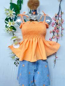 T109Crop Top With Straps And Ruffles - Coral Orange - View 6