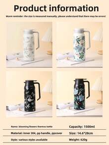 1500ml Capacity Stainless Steel Double Wall Vacuum Insulated Flask, Versatile Use As Coffee Pot, Beverage Container, Hot Water Kettle, Coffee Or Tea Pot. Featuring Classic Floral Pattern Design, Durable And Easy To Clean. This Elegant Floral Patterned Thermal Carafe Is An Ideal Choice For Weddings, Parties, Outdoor Activities, Office, School, Housewarming And Gift-Giving Occasions. - Multicolor - View 11