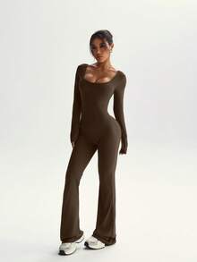 FWH Fashionable Outdoor Yoga, Pilates, Commuting, Dating, Layering Essential Item. This Stretchy Sexy Jumpsuit Features Ruched Butt Design, Lifting And Slimming, Removable Built-In Bra, Long Sleeves, Elegant Back Design, High-End Flared Leg, High-Waisted Tummy Control, Brightening And Radiant.