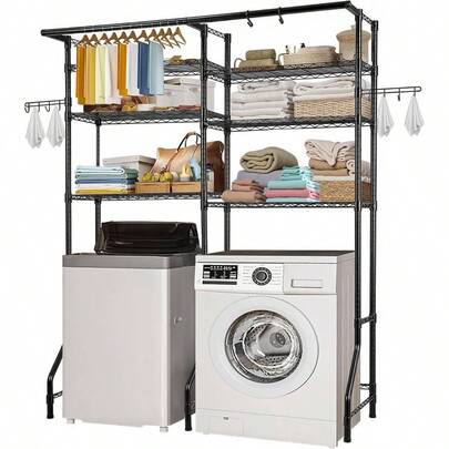 Over Washer And Dryer Storage Shelf, 5 Tier Laundry Room Drying Rack With Hanger Rod And Hooks, Adjustable Over Washer And Dryer Shelves, Laundry Room Shelf Storage Space Saver, Black