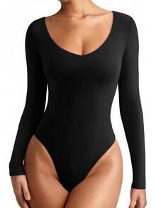 V Neck Long Sleeve Bodysuit - Comfy Double Lined Basic Top - Light Coffee - View 3