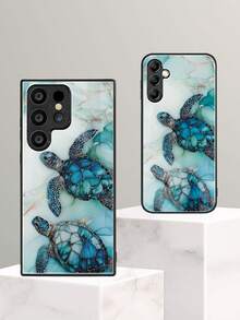 1pc Minimalist Marble Texture Sea Turtle Graphic Tempered Glass Full Coverage Soft Phone Case Compatible With Samsung/Apple - Multicolor - View 3