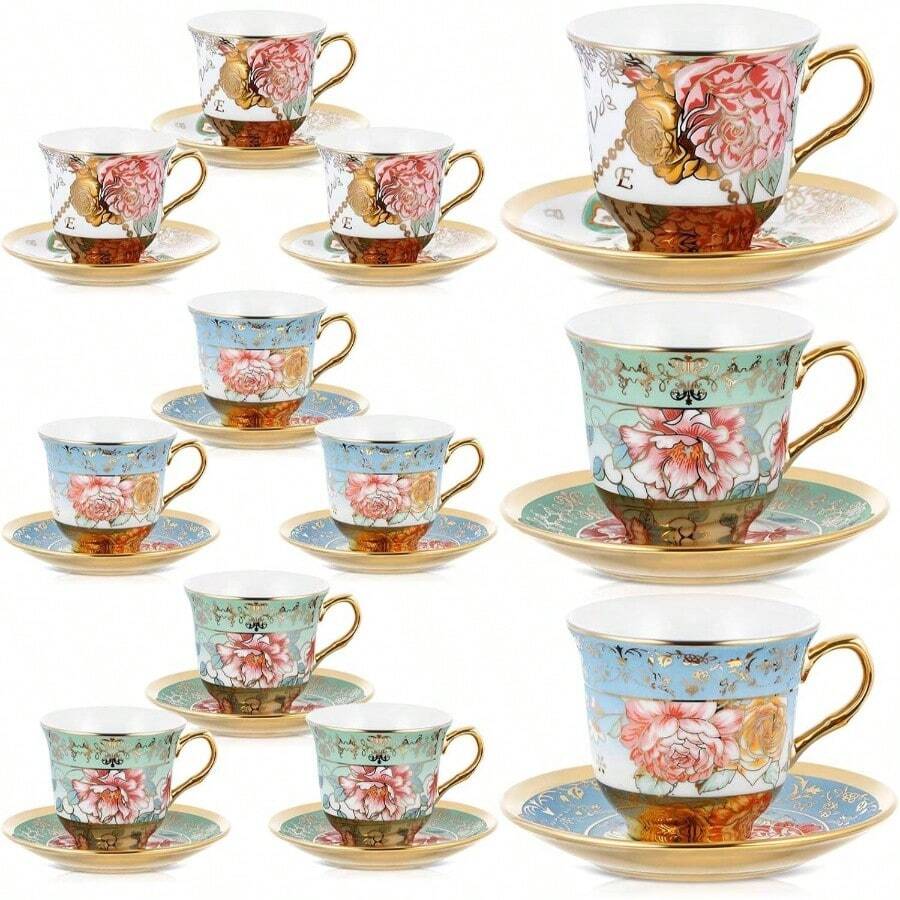 Set Of 12 Tea Cups And Saucers Tea Party Decorations Floral Porcelain 5.4 Oz British Women Birthday Party, And Mother's Day - 經典風格 + 12 - 查看 1
