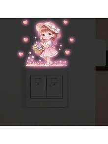 BRUP 1张夜光开关贴纸，儿童房墙贴，独角兽和女孩梦幻夜灯贴纸，自粘可移除婴儿房墙贴，粉色蝴蝶装饰，适合粉色女孩房，生日礼物创意，万圣节圣诞节礼物 - 粉色 - 查看 9