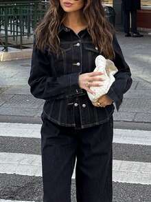 2pcs/Set Women's Casual Dark Washed Denim Top And Bottom Set, Fashionable European Style - Dark Wash - View 6