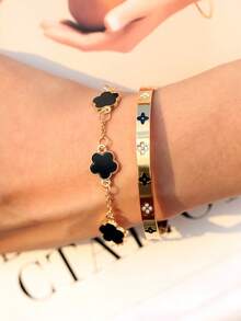 2件套防水奢华彩色立方氧化锆不锈钢开口手镯，18K镀金时尚女式首饰 - 幸運草-2pcs - 查看 8