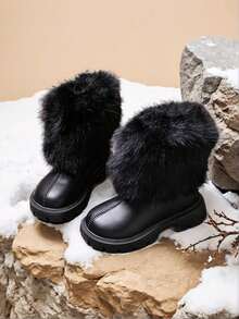 1 双女童中筒靴，时尚拉链设计，防滑橡胶软底，保暖毛皮衬里，柔软 PU，厚底，加高，适合表演、滑雪、打雪仗、幼儿和小女孩鞋，2025 年冬季新品