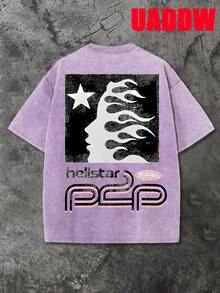 uaddw 100% Cotton Men's Street Retro Style Letters, Face Outline, Pink Meteor Flame Double-Sided Printing Vintage Washed T-Shirt, Fashionable And Casual, Suitable For Going Out Tops, Back To School, Street, Daily Wear, Men Clothes - Màu tím  Violet - Xem 3
