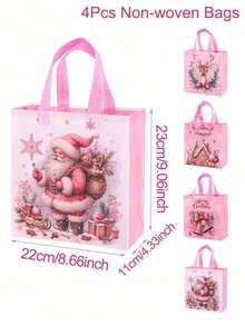 4/8pcs Pink Christmas Tote Bags With Handles, Santa Claus Elk Bell Pattern Reusable Gift Bags, Grocery Shopping Bag, Non-Woven Bags, Party Favors Bags, Festive Christmas Decorations For Home 2025 Xmas Gifts Christmas New Year 2026 Packaging Bags
