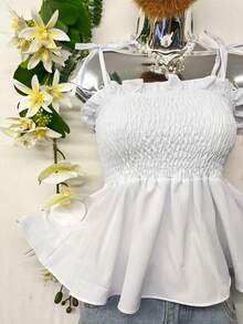 T109Crop Top With Straps And Ruffles - trắng - Xem 4