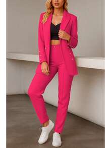 Elegante conjunto de traje liso de manga larga con cuello chal y doble botón para mujer, con bolsillos, para oficina y trabajo. - Rosa Fucsia - Ver 3