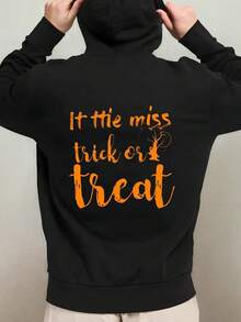 Men's Funny Halloween Hooded Sweatshirt - It's The Miss Trick Or Treat Graphic Pullover With Orange Lettering, Soft & Warm Hooded Sweater For Fall Winter, Casual Costume Party Outfit, Machine Wash,Fall Hoodies,Men's Fall Clothes,Street Wear,Halloween,Mens Hoodies,Y2k Clothes,Jesus Hoodie,Thanksgiving Day,Nightmare Before Christmas,Christmas - 黑色 - 查看 1