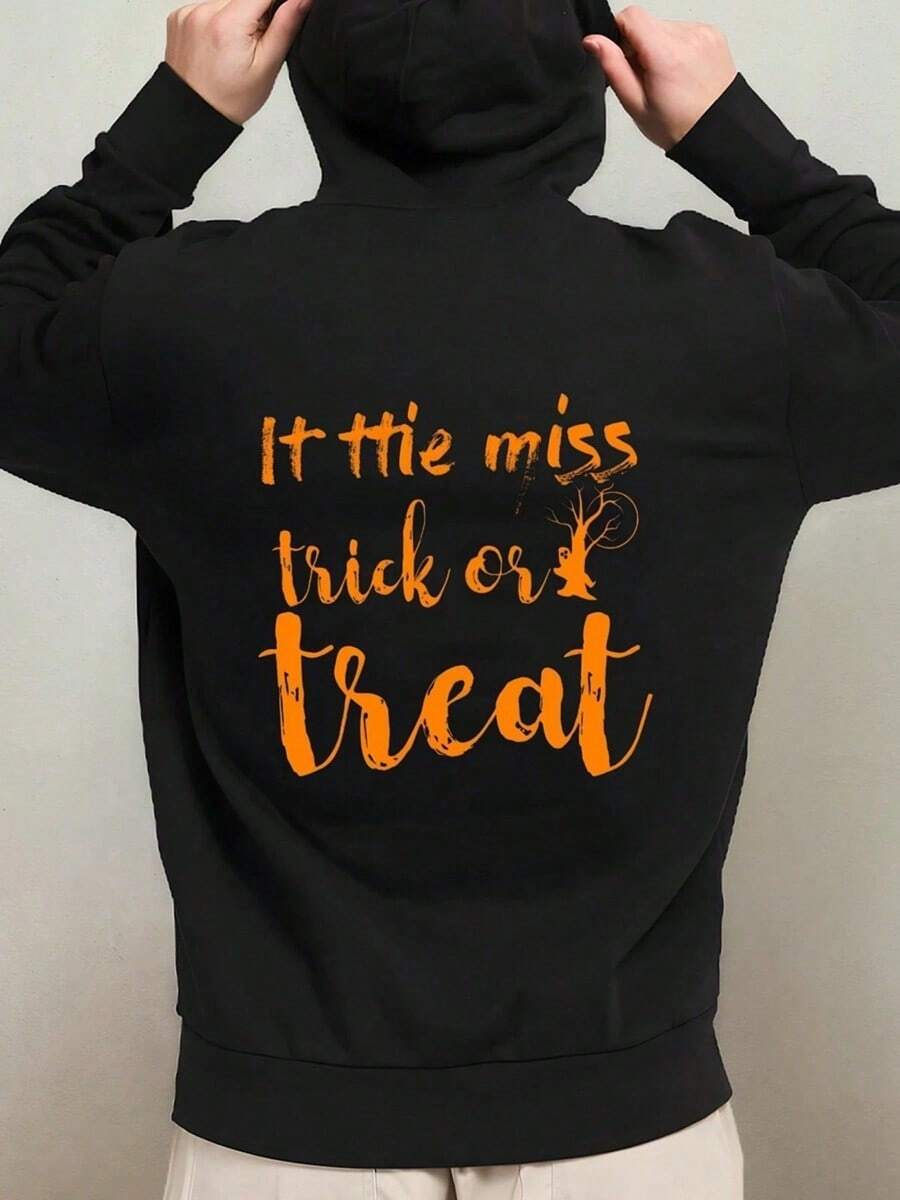 Men's Funny Halloween Hooded Sweatshirt - It's The Miss Trick Or Treat Graphic Pullover With Orange Lettering, Soft & Warm Hooded Sweater For Fall Winter, Casual Costume Party Outfit, Machine Wash,Fall Hoodies,Men's Fall Clothes,Street Wear,Halloween,Mens Hoodies,Y2k Clothes,Jesus Hoodie,Thanksgiving Day,Nightmare Before Christmas,Christmas - 黑色 - 查看 1