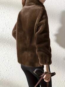 Plush Jacket With Drawstring, Casual Long-Sleeved Jacket With Zipper - 棕色 - 查看 2