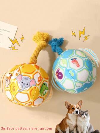 Dog Football Plush Toy With Rope Durable Chewing Toy For Teeth Grinding And Cleaning Interactive Squeaky Toys With Sound For Training And Entertaining Small/Medium Dogs