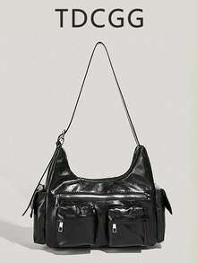 Y2K Vintage Fashion PU Leather Multi-Pocket Shoulder Messenger Bag, Perfect For Commuting And Daily Wear - Black - View 11