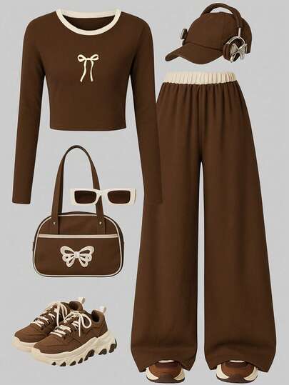 两件套女童休闲时尚套装，包含蝴蝶印花长袖上衣和宽松直筒裤，适合上学、聚会、户外活动和日常穿着，春/秋/冬季皆宜。