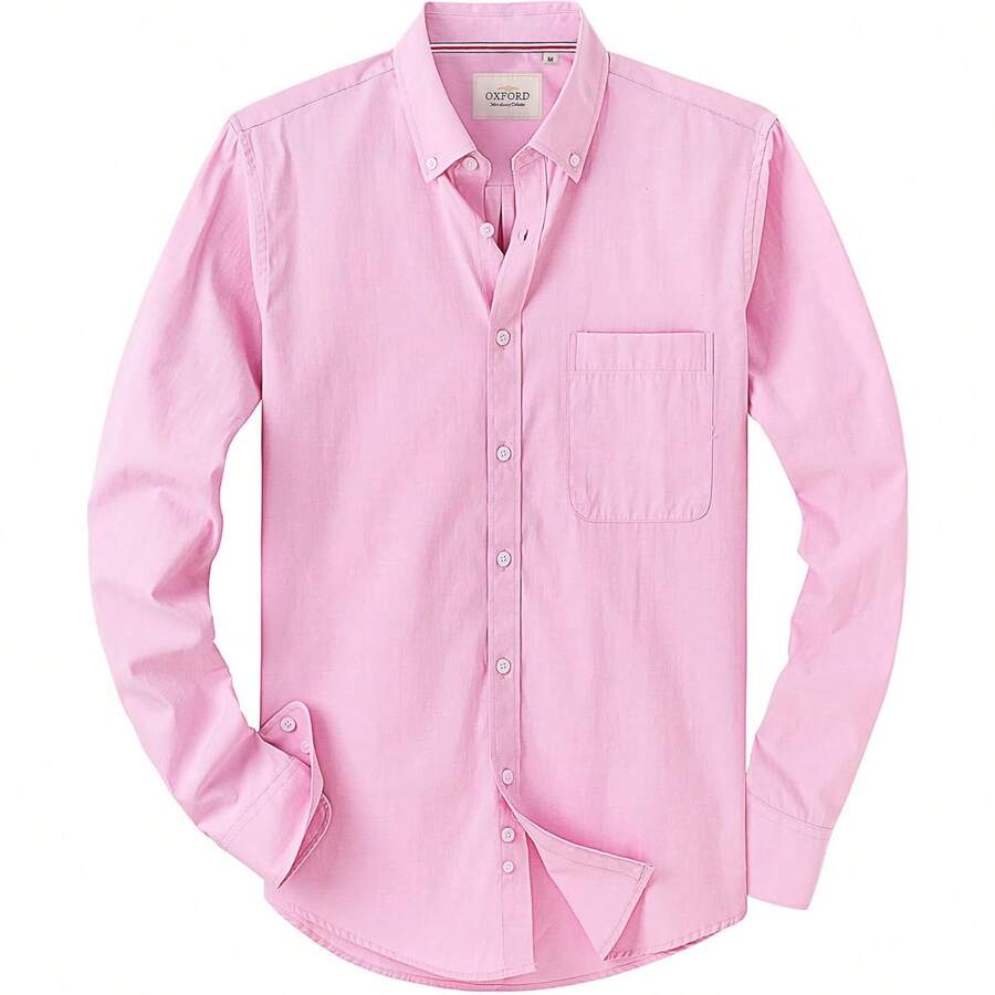 Men's Solid Oxford Long Sleeve Dress Shirt For Work And Casual, Button Down With Pocket - Hồng - Xem 1
