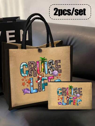 Kreuzfahrt-Themen Leinen Einkaufstasche und Aufbewahrungstasche Set, großes Fassungsvermögen, leicht faltbar Handtasche / Shopper / Tragetasche mit Sommer Strand Muster mit Kokospalmen, Muscheln, Delfinen und Seesternen, passende Kosmetiktasche / Make-up Organizer, strapazierfähige, wiederverwendbare, multifunktionale Reisetasche für Frauen und Mädchen, perfekt für Kreuzfahrten, Strandutensilien, Urlaub, Einkaufen, täglichen Gebrauch, Geburtstag, Muttertag, Weihnachten, Sommerurlaub Geschenk