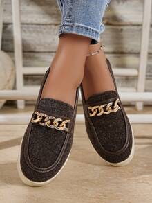 Women's Soft Sole Comfortable Chain Decor Casual Sneakers, Fashion Slip-On Loafers For Autumn