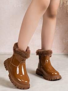 Brown Patent Leather Girls Ankle Boots For 6-18 Years, 2025 Winter New Boots Waterproof Breathable All-Leather, Fleece-Lined Warm Princess Boots With Fur Trim, Fashion Short Dress Boots For Teens And Kids