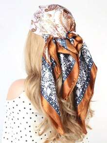 1PC Women's Red & White Paisley Printed Bandana, 90CM Large Satin Square Scarf, Silk-Feel Hair Wrap, Stylish Headscarf For Women, Elegant Hair Accessory For Casual & Formal Wear - 咖啡白 - 查看 2