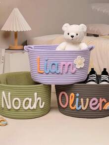 个性化手工编织篮，绳编篮，可作为婴儿洗礼礼物、娃娃篮、宝宝名字字母组合礼物、儿童玩具、书籍、毛绒玩具收纳篮，多功能、轻便、大容量、可爱、简约、纯色、可定制，是送给孩子、朋友、家人的理想礼物，紫色，旅行收纳篮 - 紫色 - 查看 3