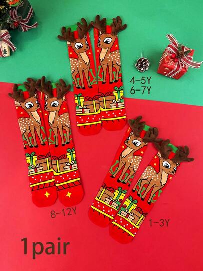 Pacote com 1 par de meias infantis acima do joelho com decoração 3D para o Natal, adequadas para roupas de Natal, festas e presentes de fim de ano.