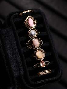 7pcs/Set Vintage Unique Luxurious Old Money Style Exquisite Bohemian Antique Gold Colored Gemstone Ring Set, For Women Daily Wear, Festivals & Parties