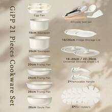 GiPP Pot Set With Removable Handle, 8/15/21-Piece Pan Set With Ceramic Non-Stick Coating,Detachable Handle, With Frying Pans, Saucepans Induction Cooking Pot Set, For All Types Of Cookers - White - View 10