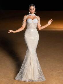 Faeriesty Đầm dạ hội đính sequin lấp lánh sang trọng với cổ cao hình trái tim – Chuỗi ngọc trai giả tinh tế trên vai, họa tiết ngọc trai giả dọc trên vải voan mỏng, eo ôm sát, dáng đuôi cá | Trang phục dự tiệc thảm đỏ & tiệc cưới, trang phục sinh nhật, trang phục nghỉ hè, tiệc trang trọng mùa xuân - Màu be - Xem 9