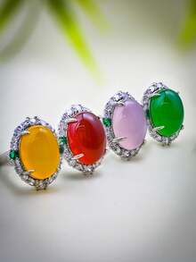 2025 新款天然玛瑙玉戒指，半透明玉髓镶嵌戒指，女士婚礼订婚珠宝戒指，学生和最好的朋友可调节 INS 风格戒指，礼物，经典凸圆形闪亮方晶锆石玫瑰金水晶戒指 - 戒指 - 查看 2