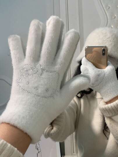 Sanrio 1 Pair Cute Black & White Cartoon Kedi Cat Design Warm Faux Rabbit Fur Fingerless Gloves, Suitable For Students And Cycling In Winter