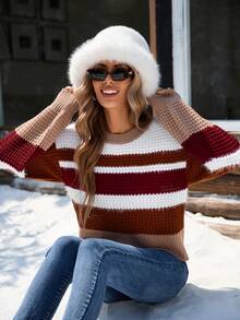 Women's Fashion Colorblock Striped Knit Ribbed Trim Sweater, Suitable For Holiday, Office, And Everyday Wear
