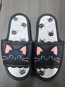 1 Pair Cute & Cool Black Cat Design Women's Summer Slippers, Soft Bottom Indoor/Outdoor House Slipper