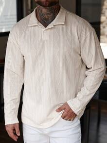 男士秋冬复古休闲日常纯色针织菱形提花常规版型长袖 Polo 衫