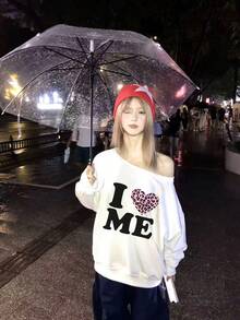 Heart & Letter Print Asymmetric Neck Sweatshirt For Women, Casual Street Style Loose Fit White Oblique Shoulder Top, Autumn/Winter - White - View 4