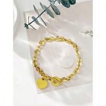 1pc Women's Stainless Steel Classic Heart Engraved O-Ring Lip Chain Titanium Steel Bracelet - 銀色 - 查看 2