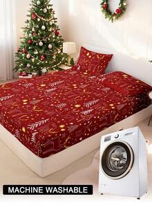 1pc Christmas Bow Reindeer Christmas Tree Print Fitted Sheet, Bedding, Fitted Sheet, Mattress Cover, Soft And Comfortable Bedding For Bedroom Mattress Protector Fitted Bed Sheet Only, Machine Washable
