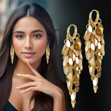 1 Pc Elegant Women Tassel Earrings Wedding Jewelry Accessories Girl Gift Fashion Geometric Leaf Shape Hoop Earrings Birthday/Engagement/Holiday Gifts Everyday Jewelry, Elegant Accessory - Vàng - Xem 2