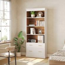 LITTLE TREE Inch Tall White Bookcase, 5-Tier Wooden Open Display Bookshelf With 2 Drawers Fits Letter, Legal, A4 Size, Modern Floor Standing Storage Organizer For Home Office & Living Room,Bedroom - 白色 - 查看 1