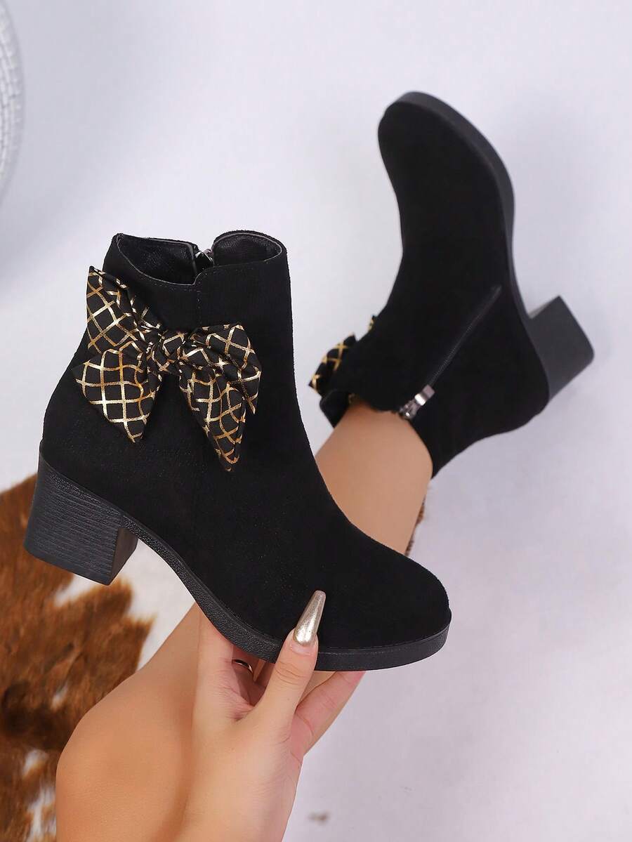 بوت كاحل للنساء بفيونكة سوداء وسحاب جانبي، كعب سميك، رأس مستدير، سحاب جانبي، كاجوال/للتنقل، خريف/شتاء